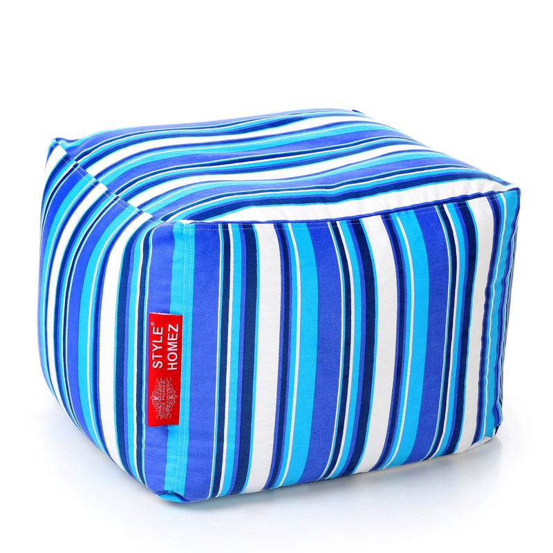 Style Homez Square Cotton Canvas Stripes Printed Bean Bag Ottoman Stool Large with Beans, Blue Color
