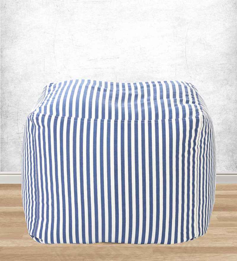 Style Homez Square Cotton Canvas Stripes Printed Bean Bag Ottoman Stool Large Cover Only, Navy Blue Color