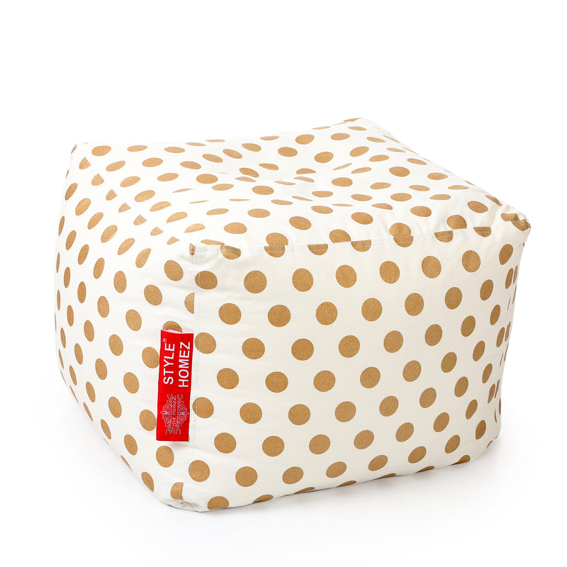 Style Homez Square Cotton Canvas Polka Dots Printed Bean Bag Ottoman Stool Large with Beans, Gold Color