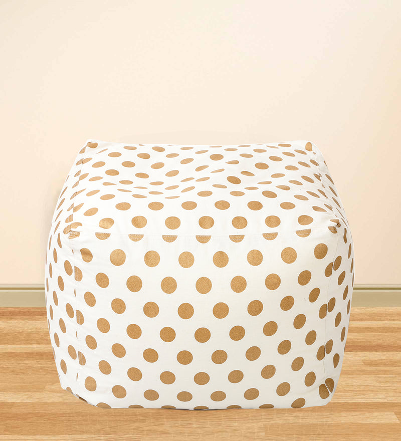 Style Homez Square Cotton Canvas Polka Dots Printed Bean Bag Ottoman Stool Large with Beans, Gold Color