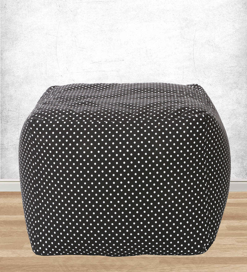 Style Homez Square Cotton Canvas Polka Dots Printed Bean Bag Ottoman Stool Large Cover Only, Black Color