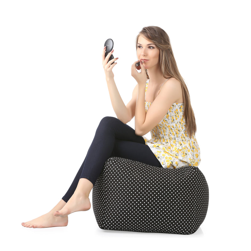 Style Homez Square Cotton Canvas Polka Dots Printed Bean Bag Ottoman Stool Large Cover Only, Black Color