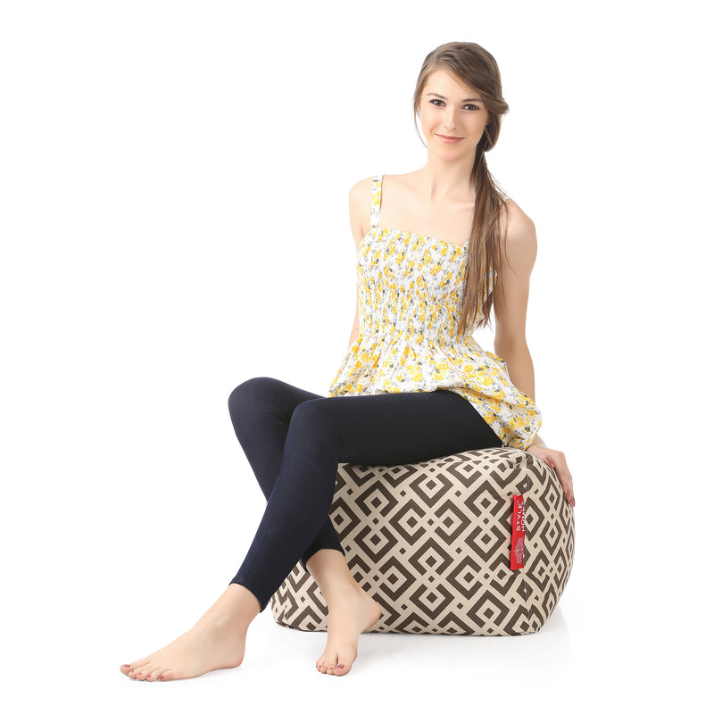 Style Homez Square Cotton Canvas Geometric Printed Bean Bag Ottoman Stool Large Cover Only, Brown Color