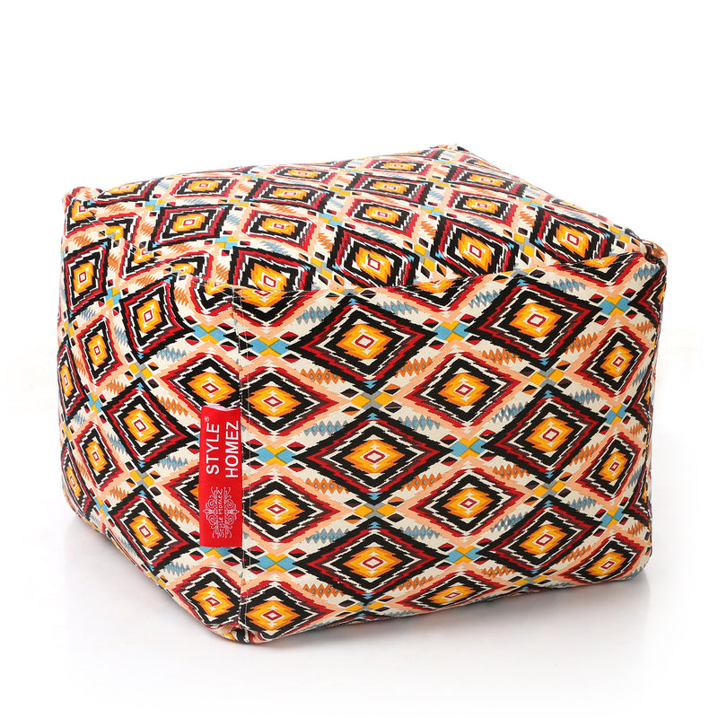 Style Homez Square Cotton Canvas Geometric Printed Bean Bag Ottoman Stool Large Cover Only, Multi Color
