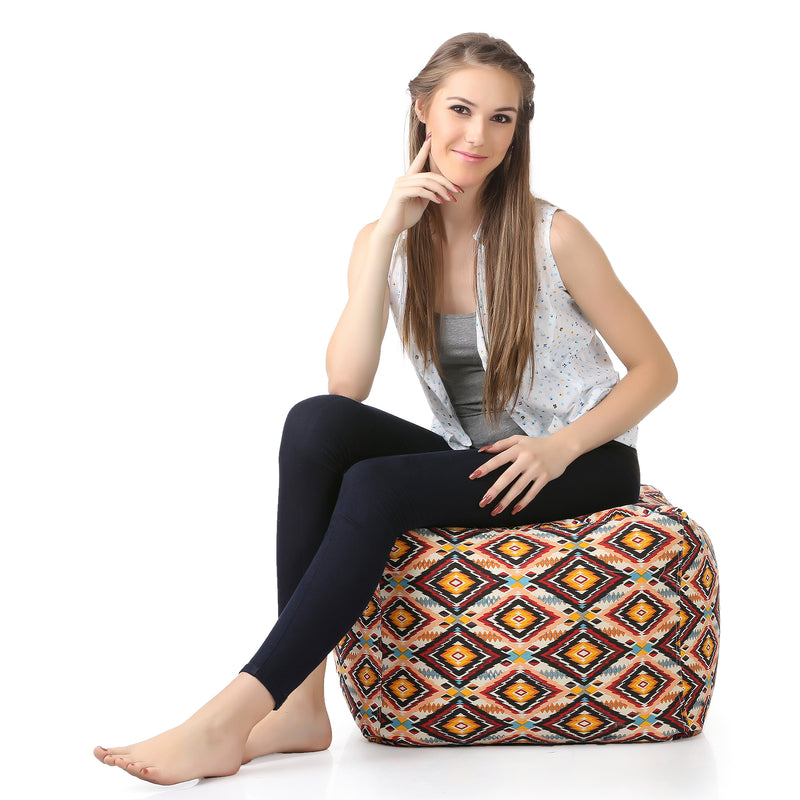Style Homez Square Cotton Canvas Geometric Printed Bean Bag Ottoman Stool Large with Beans, Multi Color