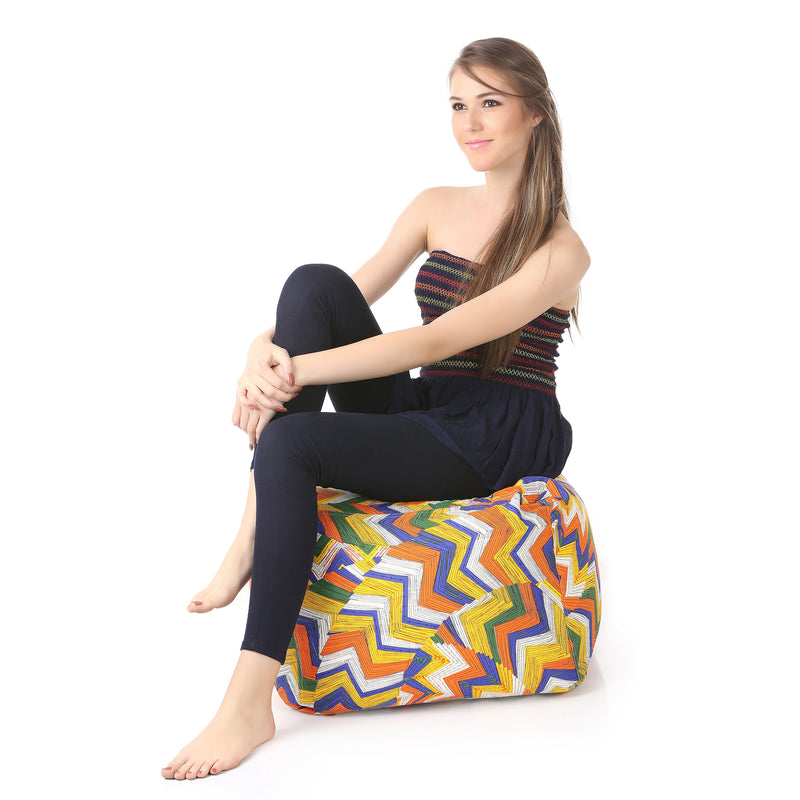 Style Homez Square Cotton Canvas Geometric Printed Bean Bag Ottoman Stool Large with Beans, Multi Color