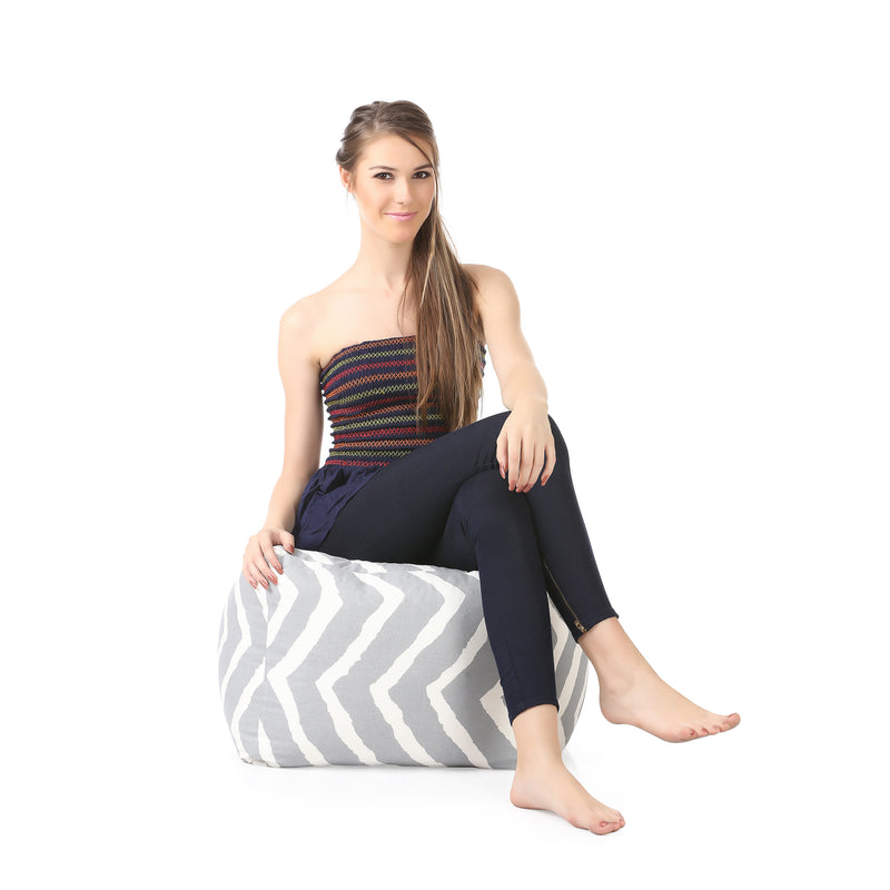 Style Homez Square Cotton Canvas Stripes Printed Bean Bag Ottoman Stool Large with Beans, Grey Color