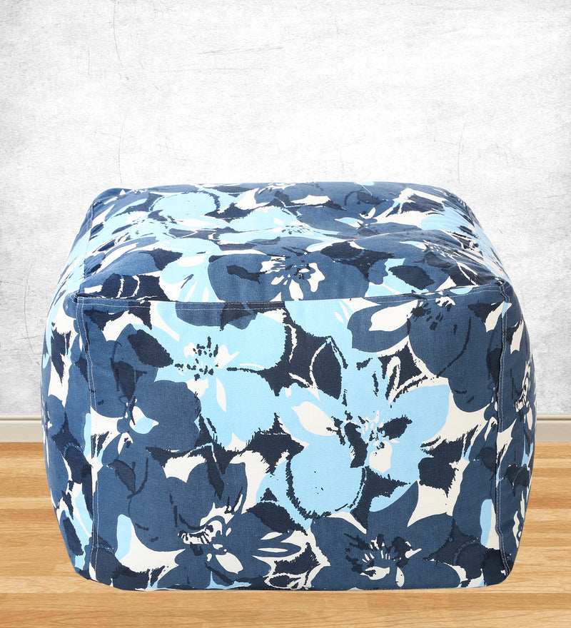 Style Homez Square Cotton Canvas Floral Printed Bean Bag Ottoman Stool Large with Beans, Blue Color