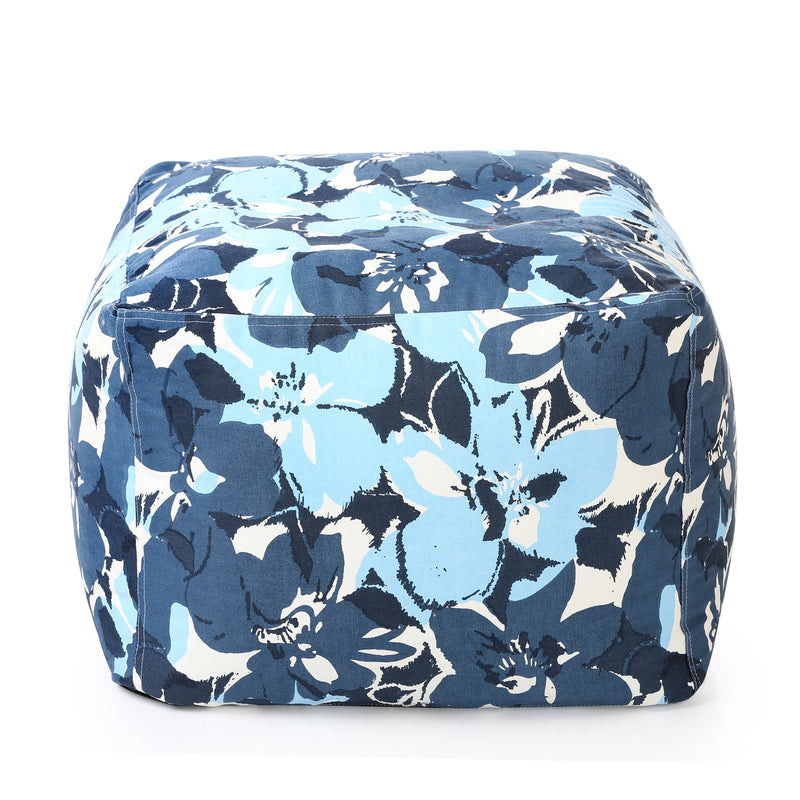 Style Homez Square Cotton Canvas Floral Printed Bean Bag Ottoman Stool Large with Beans, Blue Color