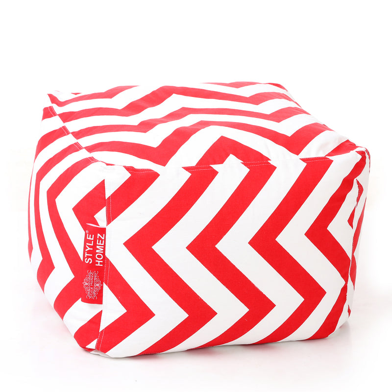 Style Homez Square Cotton Canvas Stripes Printed Bean Bag Ottoman Stool Large with Beans, Red Color