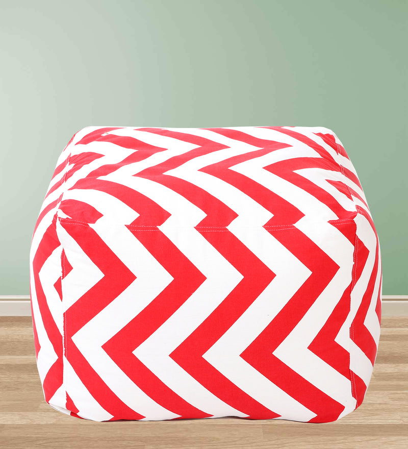 Style Homez Square Cotton Canvas Stripes Printed Bean Bag Ottoman Stool Large with Beans, Red Color