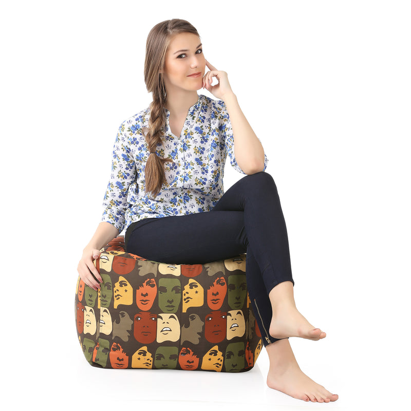 Style Homez Square Cotton Canvas Abstract Printed Bean Bag Ottoman Stool Large Cover Only, Multi Color