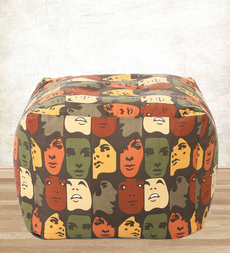 Style Homez Square Cotton Canvas Abstract Printed Bean Bag Ottoman Stool Large with Beans, Multi Color