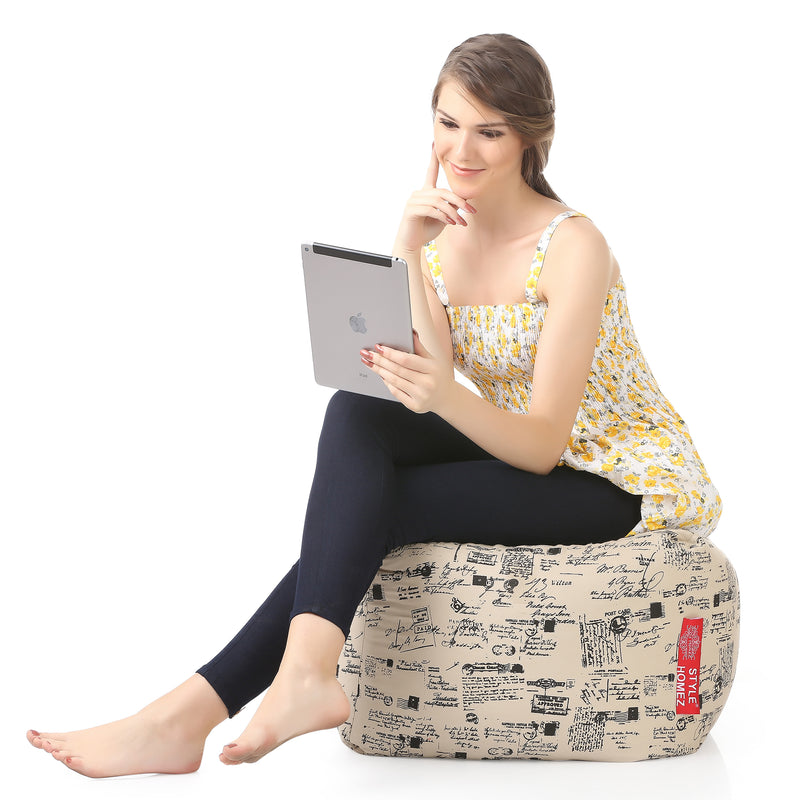 Style Homez Square Cotton Canvas Abstract Printed Bean Bag Ottoman Stool Large with Beans, Light Honey Color