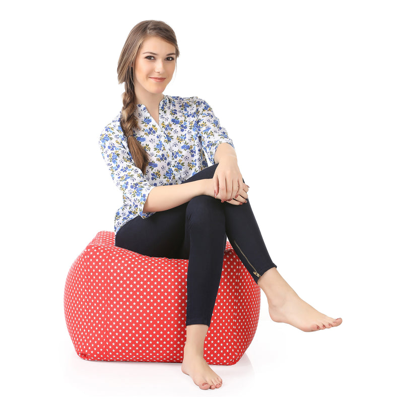 Style Homez Square Cotton Canvas Star Printed Bean Bag Ottoman Stool Large Cover Only, Red Color