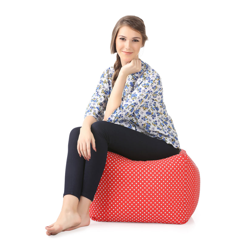 Style Homez Square Cotton Canvas Star Printed Bean Bag Ottoman Stool Large with Beans, Red Color