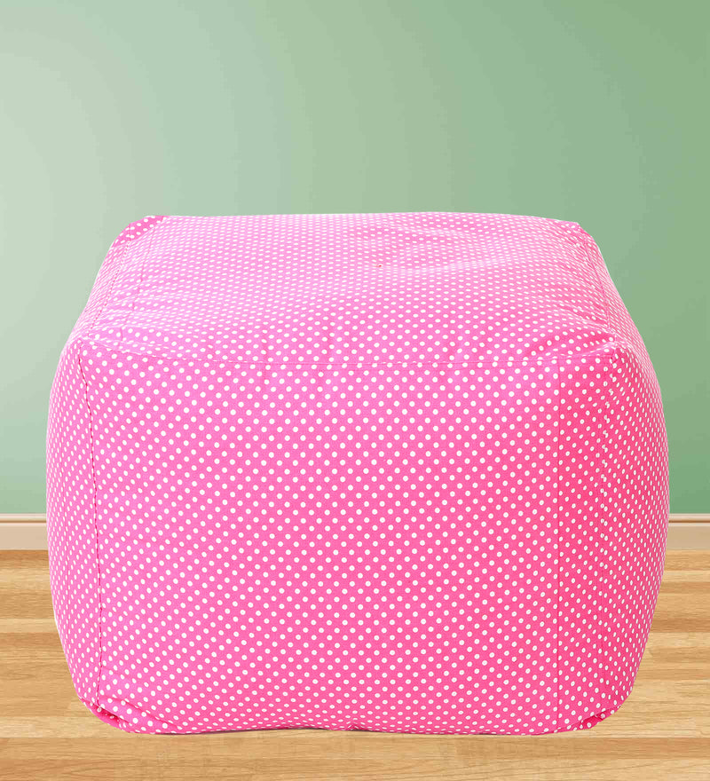 Style Homez Square Cotton Canvas Polka Dots Printed Bean Bag Ottoman Stool Large with Beans, Pink Color