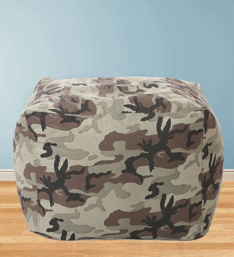Style Homez Square Cotton Canvas Camouflage Printed Bean Bag Ottoman Stool Large with Beans, Multi Color