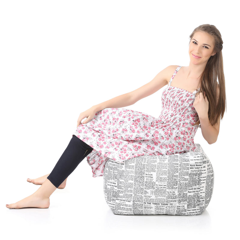 Style Homez Square Cotton Canvas Newspaper Printed Bean Bag Ottoman Stool Large with Beans, White Black Color