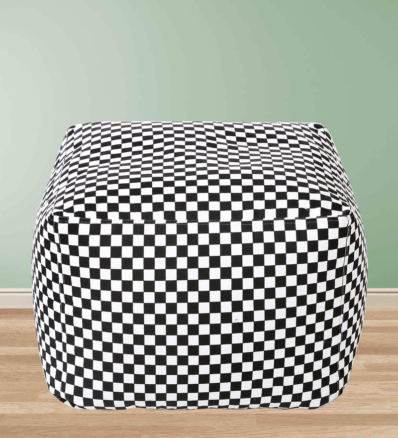 Style Homez Square Cotton Canvas Checkered Printed Bean Bag Ottoman Stool Large with Beans, White Black Color