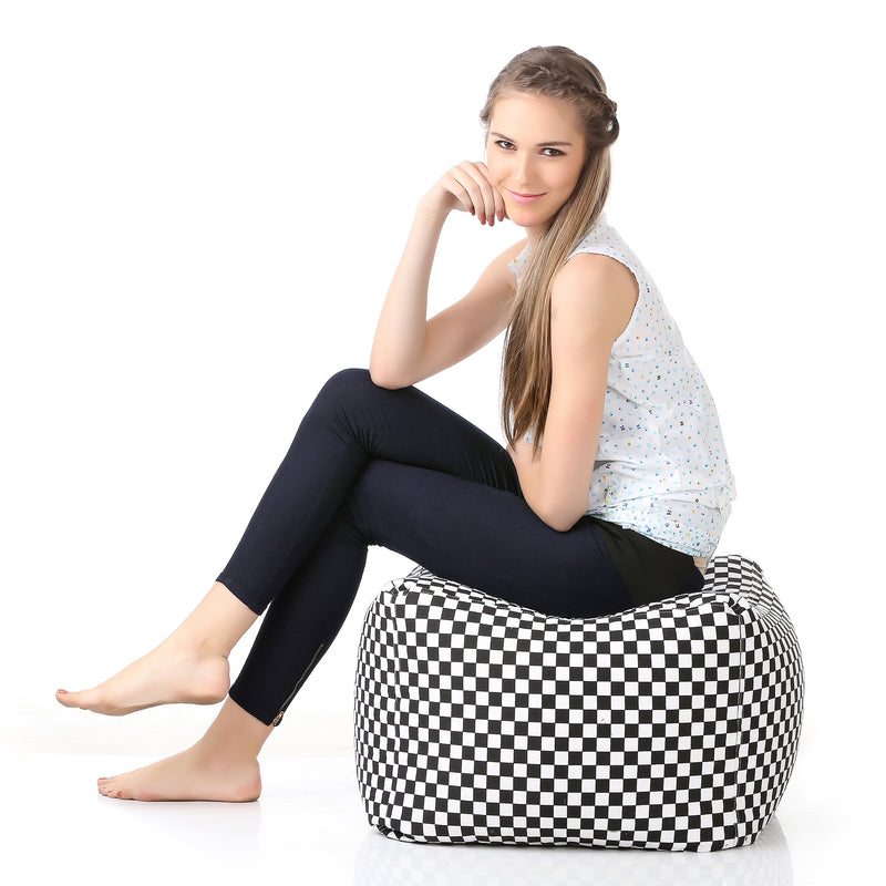 Style Homez Square Cotton Canvas Checkered Printed Bean Bag Ottoman Stool Large with Beans, White Black Color