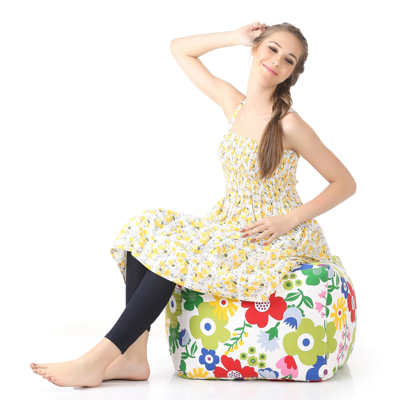 Style Homez Square Cotton Canvas Floral Printed Bean Bag Ottoman Stool Large with Beans, Multi Color