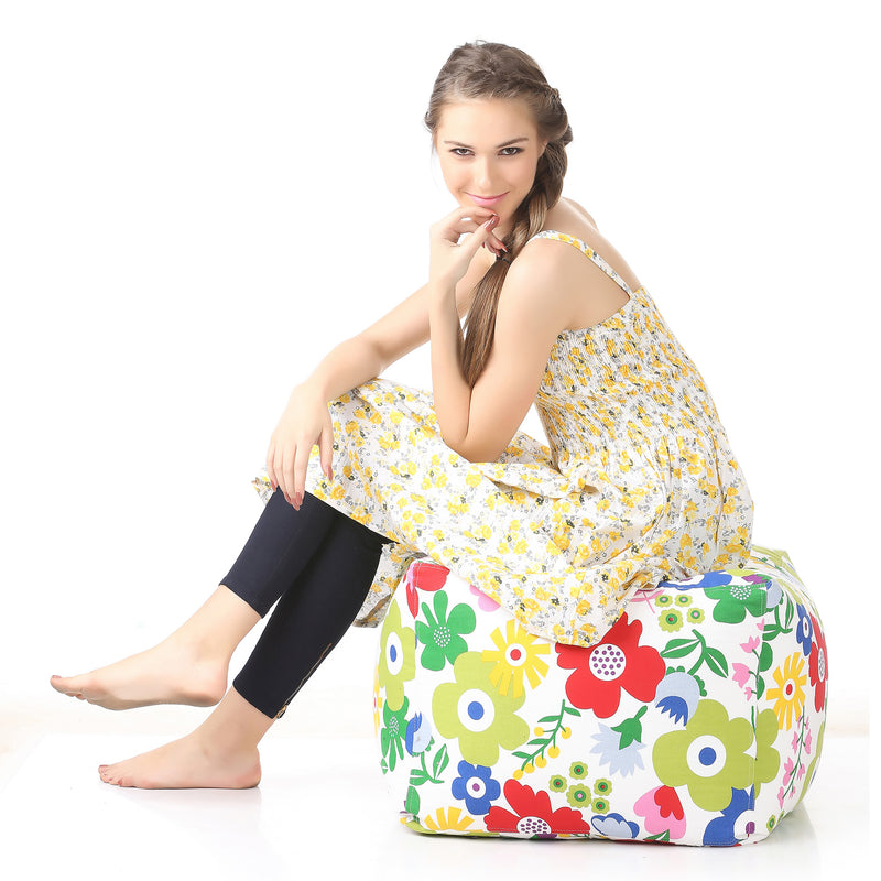 Style Homez Square Cotton Canvas Floral Printed Bean Bag Ottoman Stool Large Cover Only, Multi Color