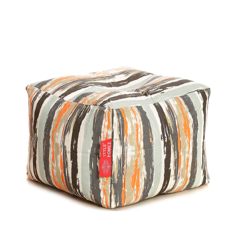 Style Homez Square Cotton Canvas Stripes Printed Bean Bag Ottoman Stool Large Cover Only, Multi Color