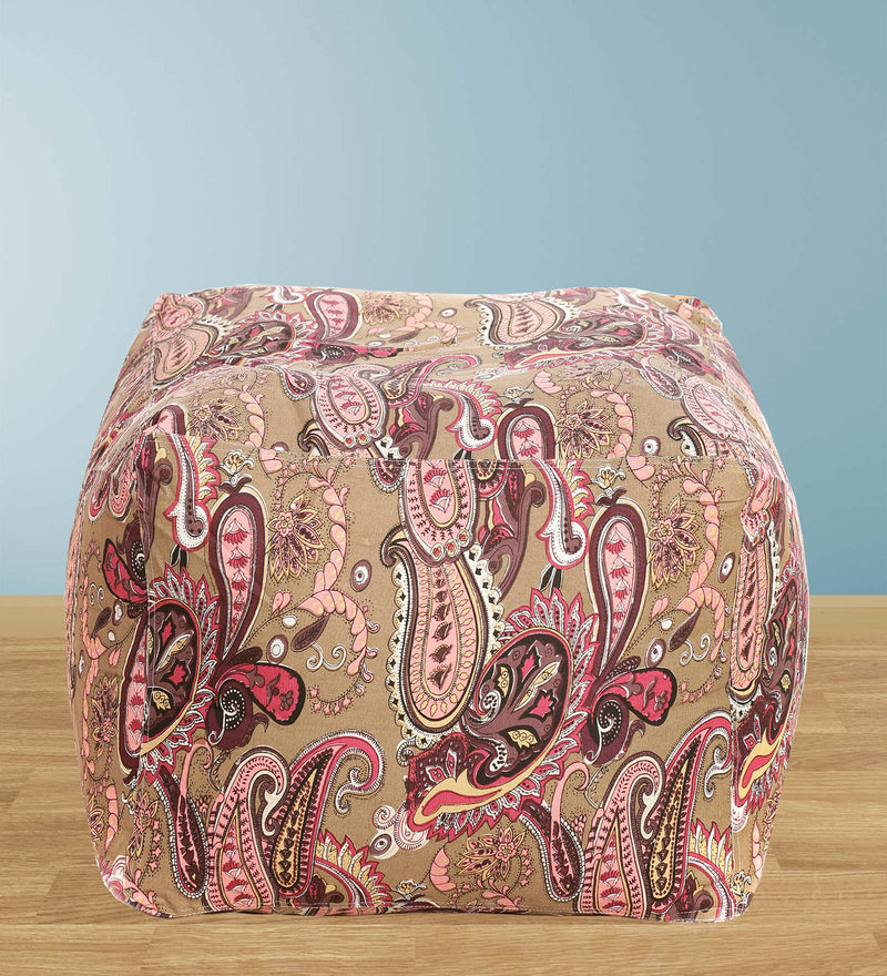 Style Homez Square Cotton Canvas Paisley Printed Bean Bag Ottoman Stool Large with Beans, Multi Color