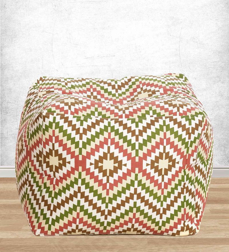Style Homez Square Cotton Canvas IKAT Printed Bean Bag Ottoman Stool Large Cover Only, Multi Color