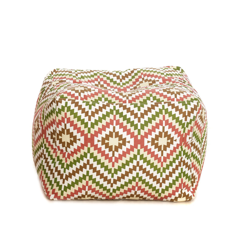 Style Homez Square Cotton Canvas IKAT Printed Bean Bag Ottoman Stool Large with Beans, Multi Color