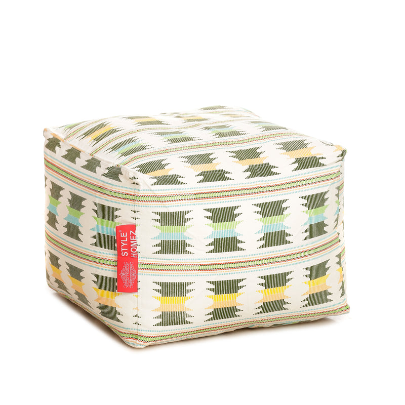 Style Homez Square Cotton Canvas IKAT Printed Bean Bag Ottoman Stool Large with Beans, Green Yellow Color