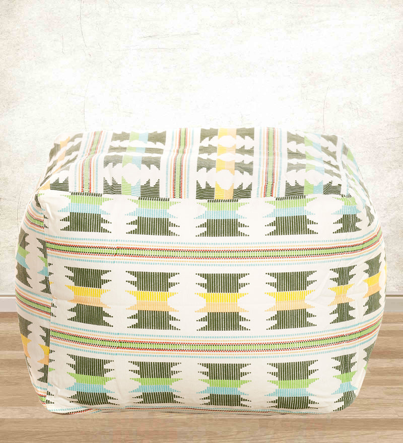 Style Homez Square Cotton Canvas IKAT Printed Bean Bag Ottoman Stool Large with Beans, Green Yellow Color