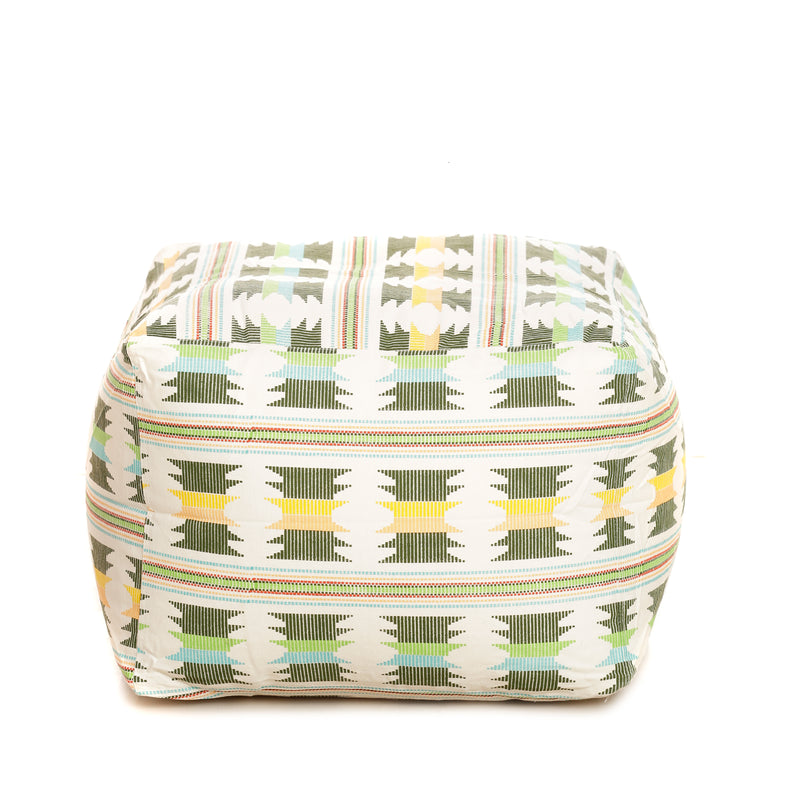 Style Homez Square Cotton Canvas IKAT Printed Bean Bag Ottoman Stool Large Cover Only, Green Yellow Color