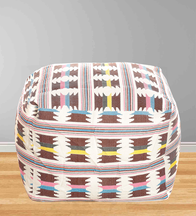 Style Homez Square Cotton Canvas IKAT Printed Bean Bag Ottoman Stool Large with Beans, Maroon Yellow Color