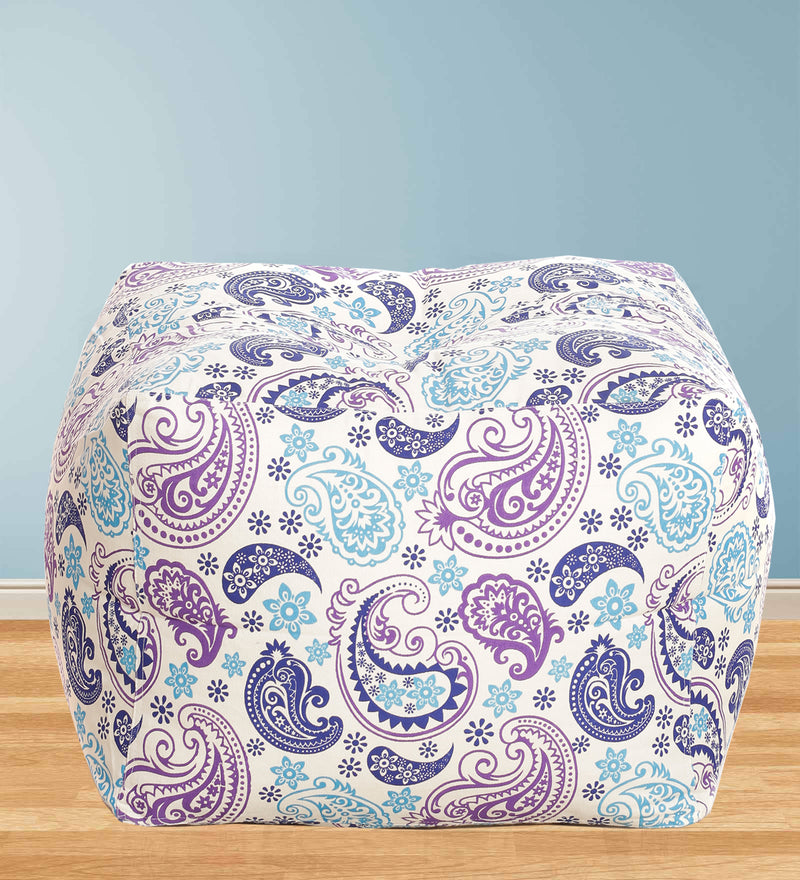 Style Homez Square Cotton Canvas Paisley Printed Bean Bag Ottoman Stool Large Cover Only, Blue Color