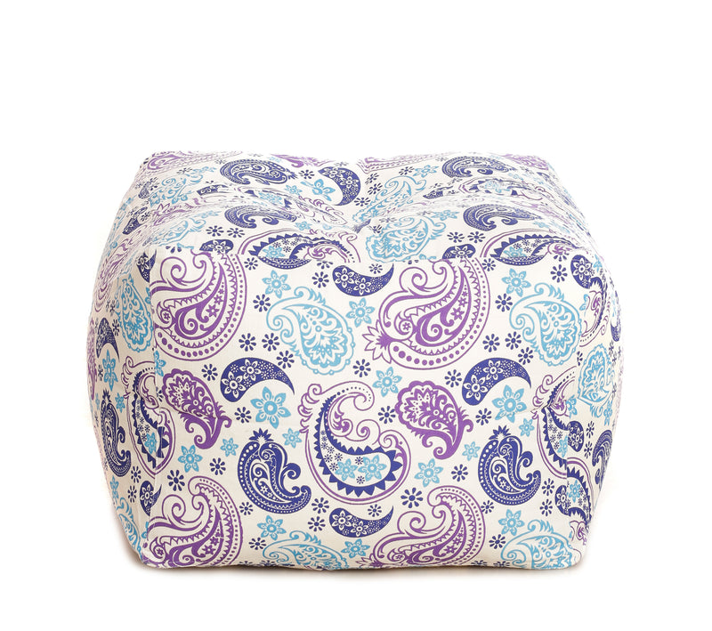 Style Homez Square Cotton Canvas Paisley Printed Bean Bag Ottoman Stool Large with Beans, Blue Color