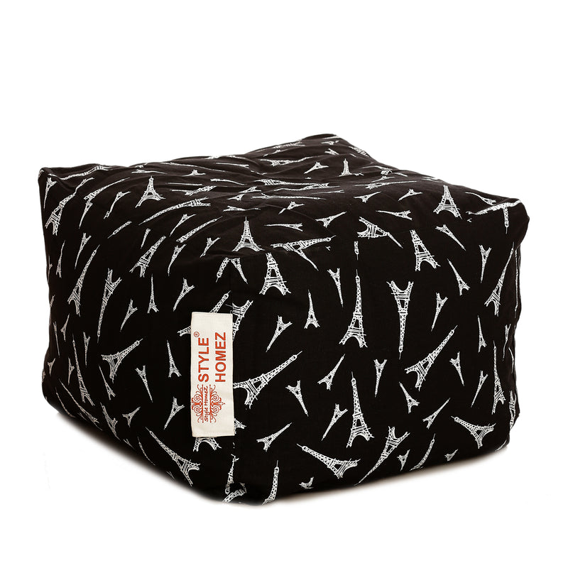 Style Homez Square Cotton Canvas Abstract Printed Bean Bag Ottoman Stool Large with Beans, Black Color