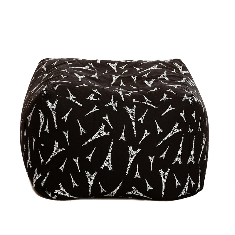 Style Homez Square Cotton Canvas Abstract Printed Bean Bag Ottoman Stool Large with Beans, Black Color