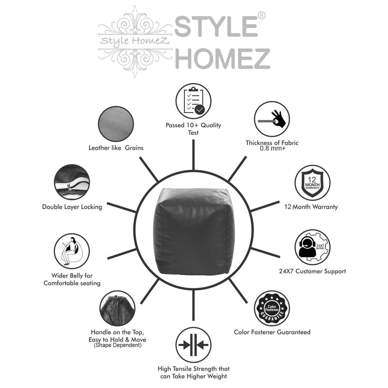 Style Homez Premium Leatherette Classic Bean Bag Square Ottoman Stool L Size Black Color Filled with Beans Fillers