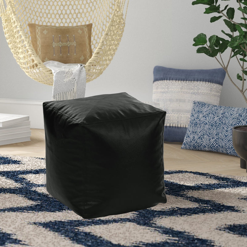 Style Homez Premium Leatherette Classic Bean Bag Square Ottoman Stool L Size Black Color Cover Only