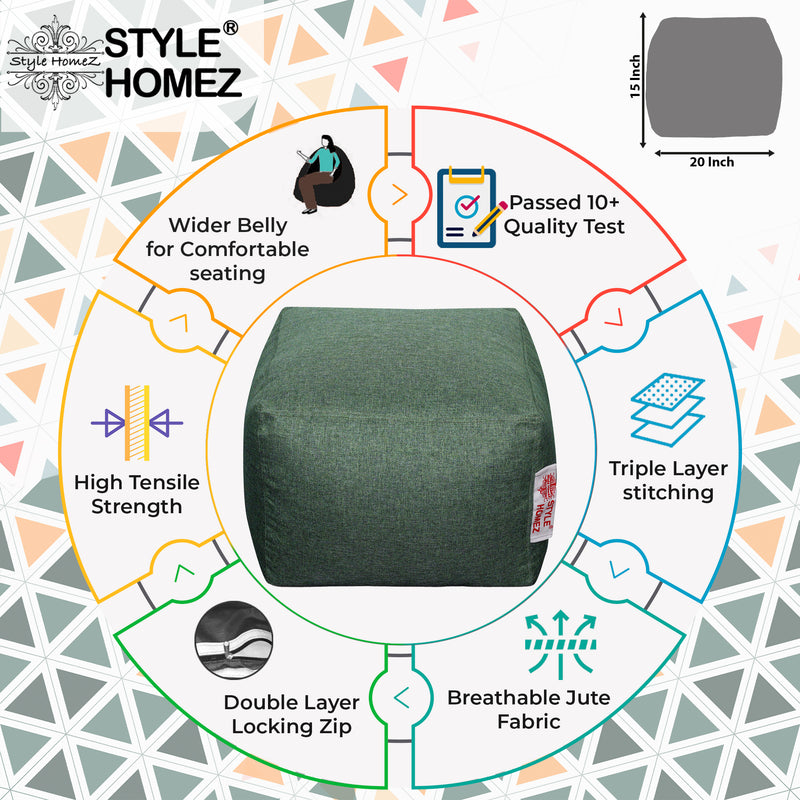 Style Homez ORGANIX Collection, Square Poof Bean Bag Ottoman Stool Large Size Green Color in Organic Jute Fabric, Cover Only