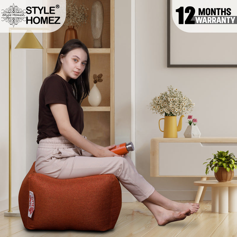 Style Homez ORGANIX Collection, Square Poof Bean Bag Ottoman Stool Large Size Orange Color in Organic Jute Fabric, Cover Only