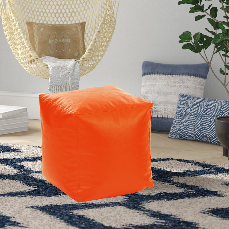 Style Homez Premium Leatherette Classic Bean Bag Square Ottoman Stool L Size Orange Color Filled with Beans Fillers