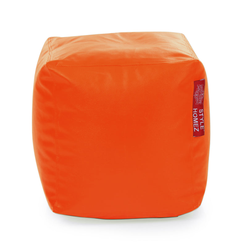 Style Homez Premium Leatherette Classic Bean Bag Square Ottoman Stool L Size Orange Color Filled with Beans Fillers