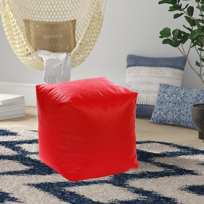 Style Homez Premium Leatherette Classic Bean Bag Square Ottoman Stool L Size Red Color Filled with Beans Fillers