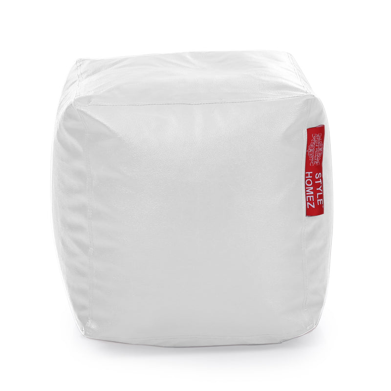 Style Homez Premium Leatherette Classic Bean Bag Square Ottoman Stool L Size Elegant White Color Filled with Beans Fillers