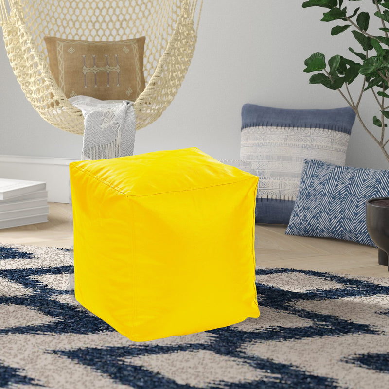 Style Homez Premium Leatherette Classic Bean Bag Square Ottoman Stool L Size Yellow Color Filled with Beans Fillers