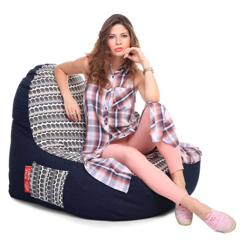 Style Homez Urban Design Denim Canvas Polka Dots Printed Chair Bean Bag XXL Size Filled with Beans Fillers