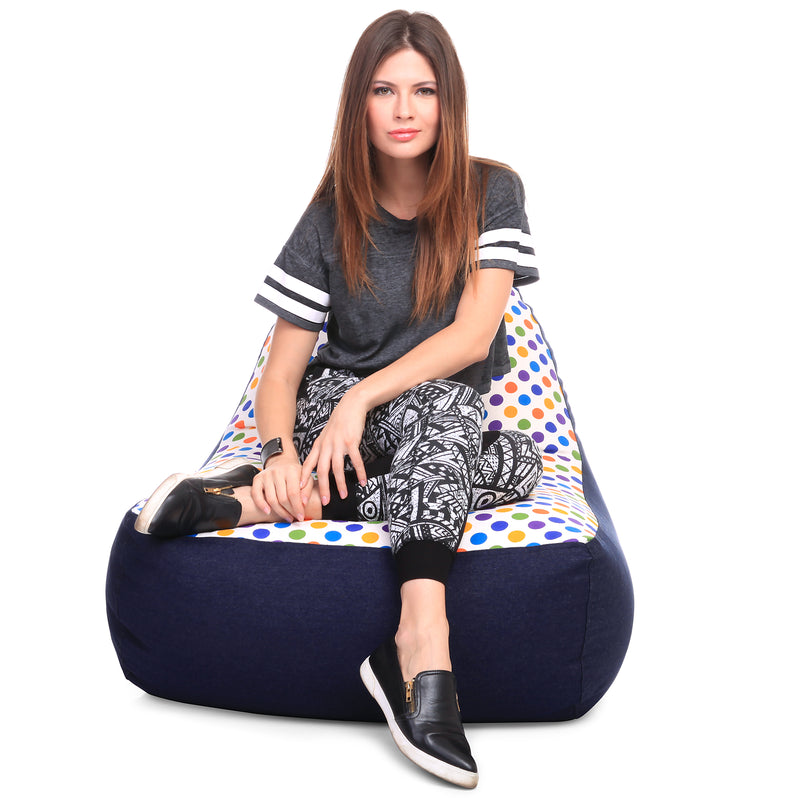 Style Homez Urban Design Denim Canvas Polka Dots Printed Chair Bean Bag XXL Size Filled with Beans Fillers